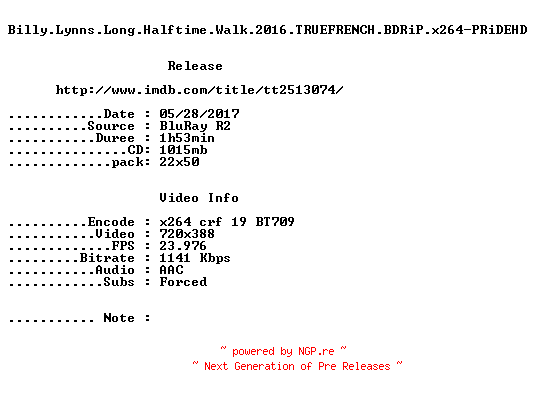 NFO for the release Billy.Lynns.Long.Halftime.Walk.2016.TRUEFRENCH.BDRiP.x264-PRiDEHD by PRiDEHD