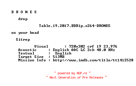 NFO for the release Table.19.2017.BDRip.x264-DRONES by DRONES