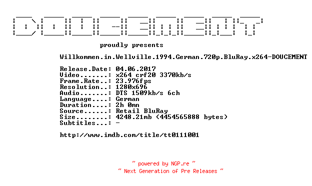 NFO for the release Willkommen.in.Wellville.1994.German.720p.BluRay.x264-DOUCEMENT by DOUCEMENT
