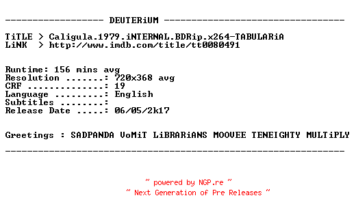 NFO for the release Caligula.1979.iNTERNAL.BDRip.x264-TABULARiA by TABULARiA
