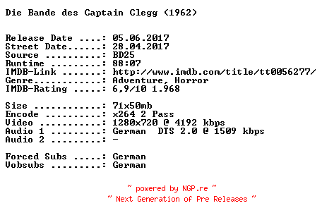 NFO for the release Die.Bande.des.Captain.Clegg.1962.German.720p.BluRay.x264-SPiCY by SPiCY