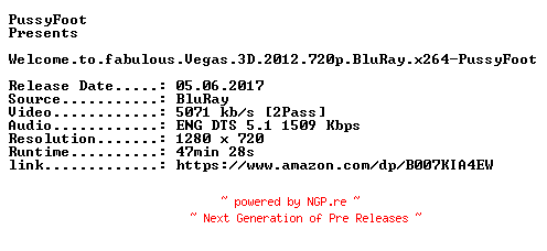 NFO for the release Welcome.to.fabulous.Vegas.3D.2012.720p.BluRay.x264-PussyFoot by PussyFoot