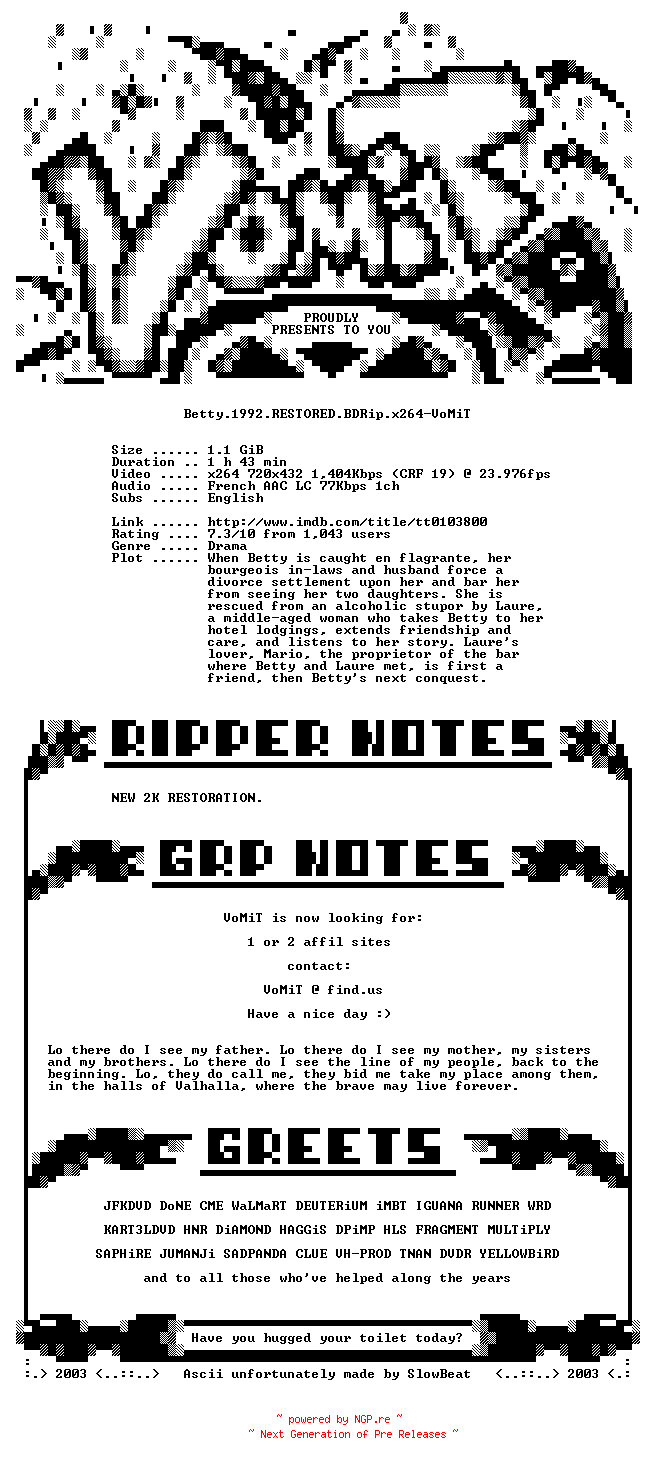 NFO for the release Betty.1992.RESTORED.BDRip.x264-VoMiT by VoMiT