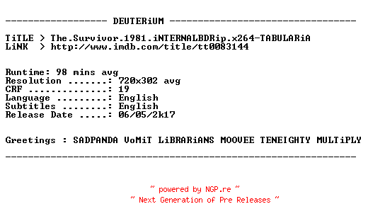 NFO for the release The.Survivor.1981.iNTERNALBDRip.x264-TABULARiA by TABULARiA