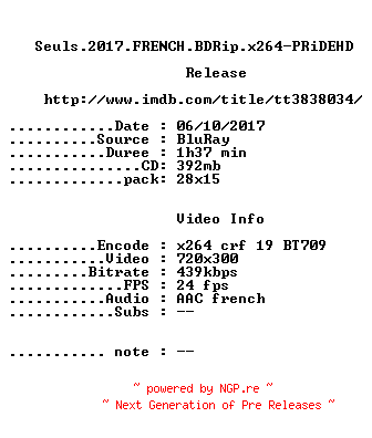 NFO for the release Seuls.2017.FRENCH.BDRip.x264-PRiDEHD by PRiDEHD
