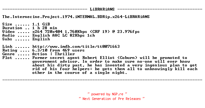 NFO for the release The.Internecine.Project.1974.iNTERNAL.BDRip.x264-LiBRARiANS by LiBRARiANS