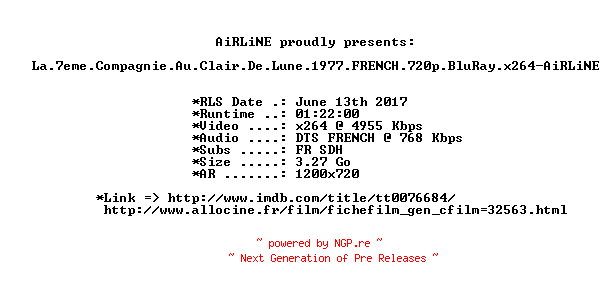NFO for the release La.7eme.Compagnie.Au.Clair.De.Lune.1977.FRENCH.720p.BluRay.x264-AiRLiNE by AiRLiNE
