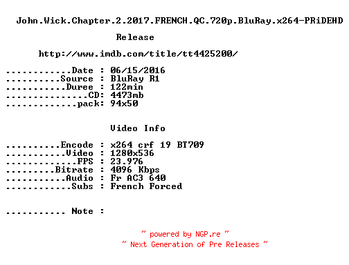 NFO for the release John.Wick.Chapter.2.2017.FRENCH.QC.720p.BluRay.x264-PRiDEH by PRiDEH