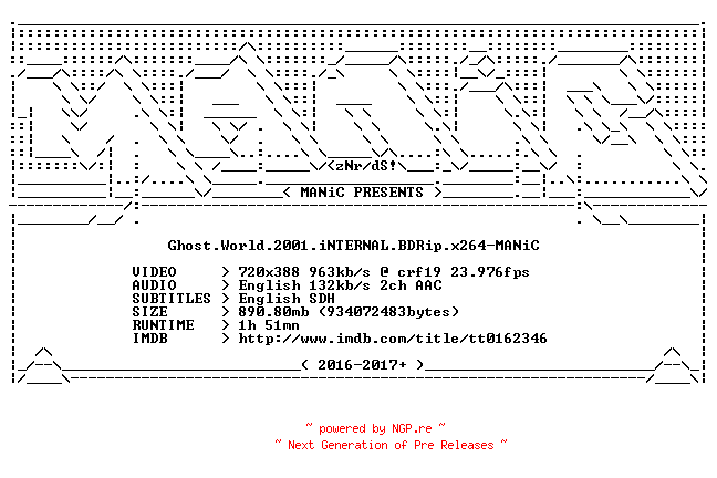 NFO for the release Ghost.World.2001.iNTERNAL.BDRip.x264-MANiC by MANiC