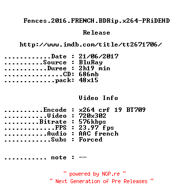 NFO for the release Fences.2016.FRENCH.BDRip.x264-PRiDEHD by PRiDEHD
