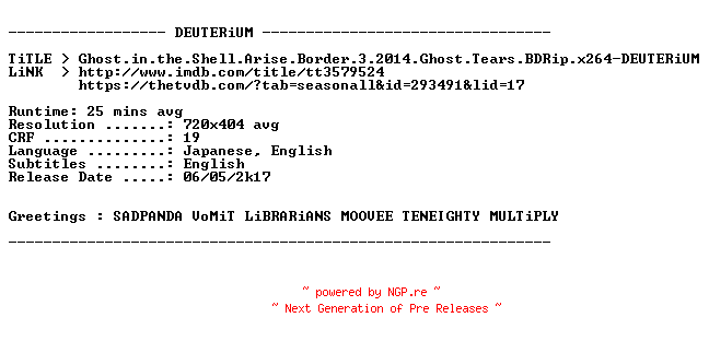 NFO for the release Ghost.in.the.Shell.Arise.Border.3.Ghost.Tears.2014.BDRip.x264-DEUTERiUM by DEUTERiUM