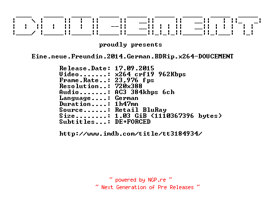 NFO for the release Eine.neue.Freundin.2014.German.BDRip.x264-DOUCEMENT by DOUCEMENT