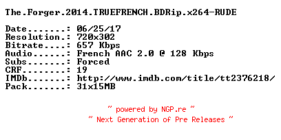 NFO for the release The.Forger.2014.TRUEFRENCH.BDRip.x264-RUDE by RUDE