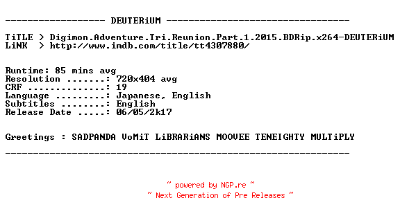 NFO for the release Digimon.Adventure.Tri.Reunion.Part.1.2015.BDRip.x264-DEUTERiUM by DEUTERiUM