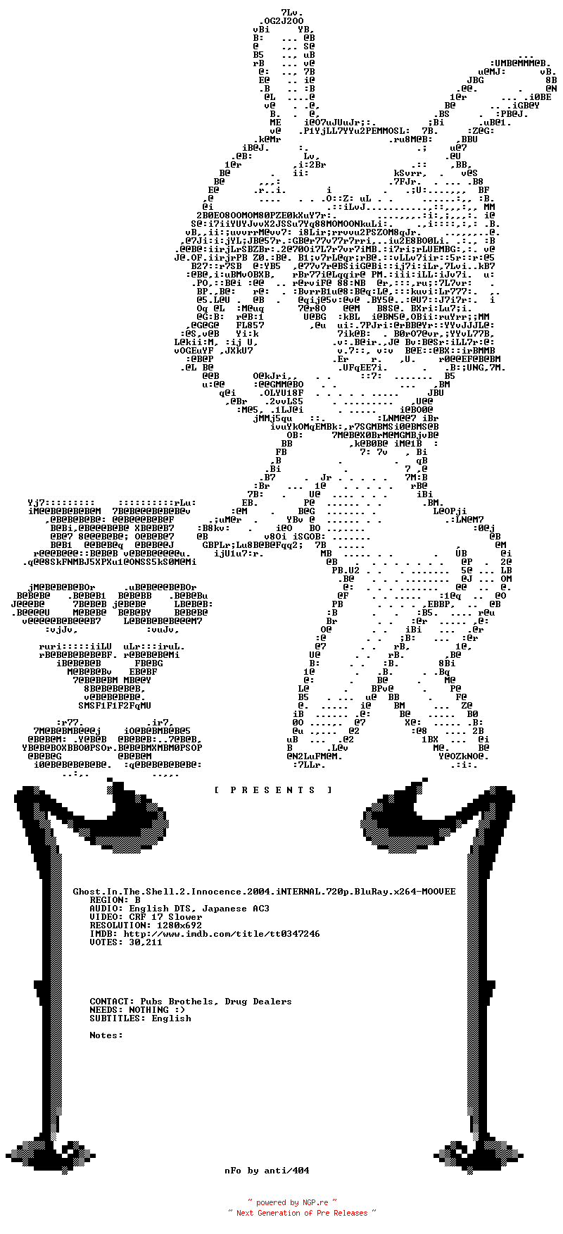 NFO for the release Ghost.In.The.Shell.2.Innocence.2004.iNTERNAL.720p.BluRay.x264-MOOVEE by MOOVEE
