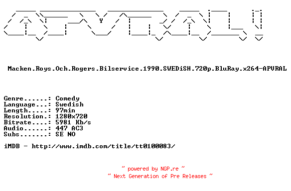NFO for the release Macken.Roys.Och.Rogers.Bilservice.1990.SWEDiSH.720p.BluRay.x264-APVRAL by APVRAL