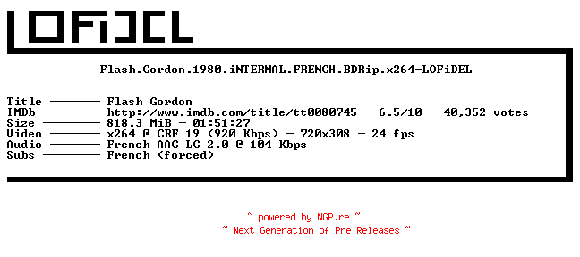 NFO for the release Flash.Gordon.1980.iNTERNAL.FRENCH.BDRip.x264-LOFiDEL by LOFiDEL