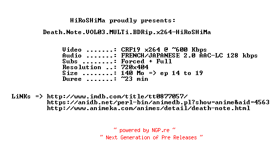 NFO for the release Death.Note.VOL03.MULTi.BDRip.x264-HiRoSHiMa by HiRoSHiMa