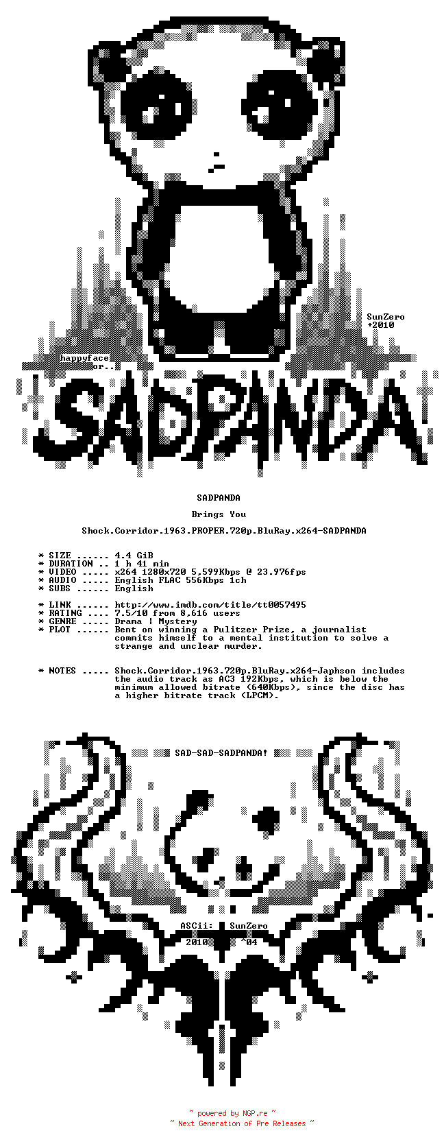 NFO for the release Shock.Corridor.1963.PROPER.720p.BluRay.x264-SADPANDA by SADPANDA