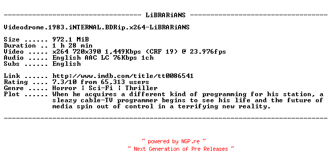 NFO for the release Videodrome.1983.iNTERNAL.BDRip.x264-LiBRARiANS by LiBRARiANS