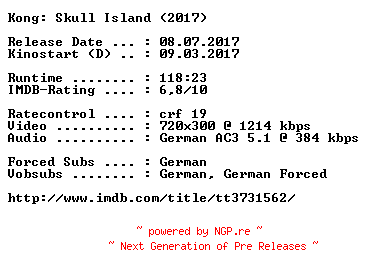 NFO for the release Kong.Skull.Island.German.2017.AC3.BDRip.x264-COiNCiDENCE by COiNCiDENCE