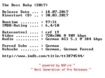 NFO for the release The.Boss.Baby.German.2017.AC3.BDRip.x264-COiNCiDENCE by COiNCiDENCE