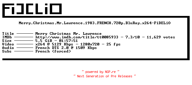 NFO for the release Merry.Christmas.Mr.Lawrence.1983.FRENCH.720p.BluRay.x264-FiDELiO by FiDELiO