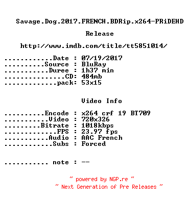 NFO for the release Savage.Dog.2017.FRENCH.BDRip.x264-PRiDEHD by PRiDEHD