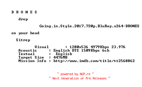 NFO for the release Going.in.Style.2017.720p.BluRay.x264-DRONES by DRONES