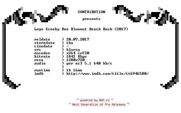 NFO for the release Lego.Scooby.Doo.Blowout.Beach.Bash.2017.German.720p.BluRay.x264-CONTRiBUTiON by CONTRiBUTiON