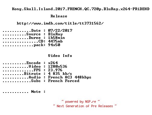 NFO for the release Kong.Skull.Island.2017.FRENCH.QC.720p.BluRay.x264-PRiDEHD by PRiDEHD