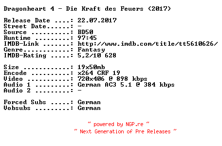 NFO for the release Dragonheart.4.Die.Kraft.des.Feuers.German.2017.AC3.BDRip.x264-SPiCY by SPiCY
