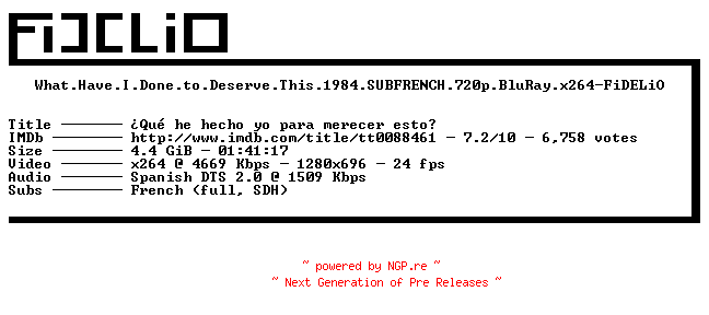 NFO for the release What.Have.I.Done.to.Deserve.This.1984.SUBFRENCH.720p.BluRay.x264-FiDELiO by FiDELiO