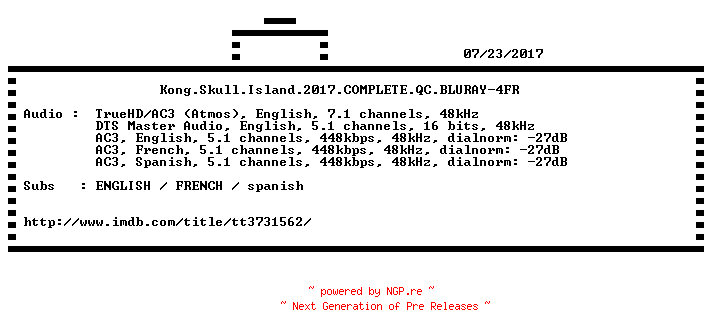 NFO for the release Kong.Skull.Island.2017.COMPLETE.QC.BLURAY-4FR by 4FR