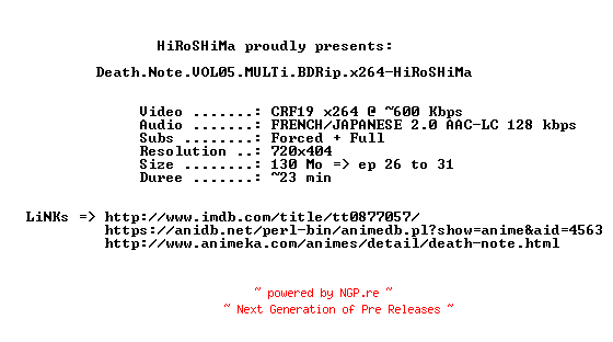NFO for the release Death.Note.VOL05.MULTi.BDRip.x264-HiRoSHiMa by HiRoSHiMa