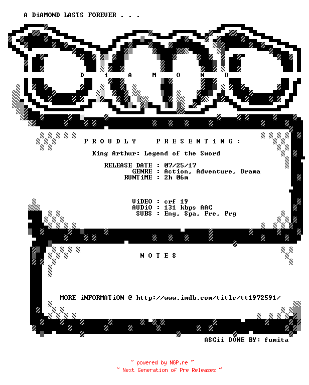 NFO for the release King.Arthur.Legend.of.the.Sword.2017.BDRip.x264-DiAMOND by DiAMOND