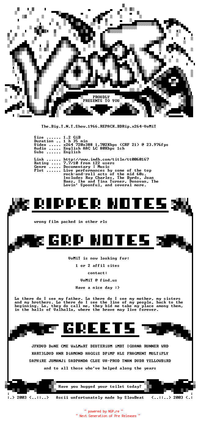NFO for the release The.Big.T.N.T.Show.1966.REPACK.BDRip.x264-VoMiT by VoMiT