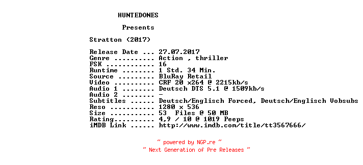 NFO for the release Stratton.2017.German.720p.BluRay.x264-HUNTEDONES by HUNTEDONES