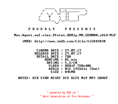 NFO for the release Max.Agent.auf.vier.Pfoten.BDRip.MD.GERMAN.x264-MiP by MiP