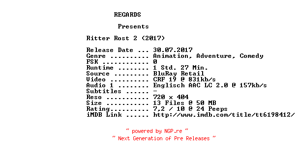 NFO for the release Ritter.Rost.2.2017.DUBBED.BDRiP.x264-REGARDS by REGARDS