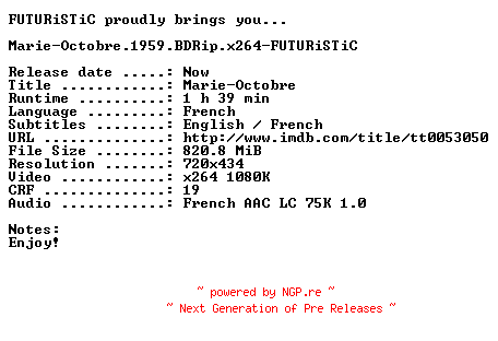 NFO for the release Marie-Octobre.1959.BDRip.x264-FUTURiSTiC by FUTURiSTiC
