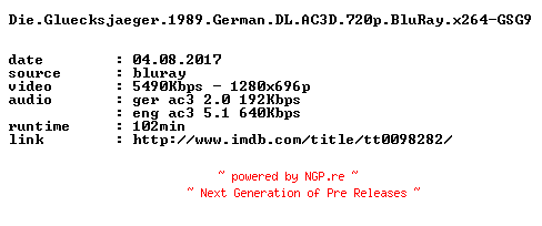NFO for the release Die.Gluecksjaeger.1989.German.DL.AC3D.720p.BluRay.x264-GSG9 by GSG9