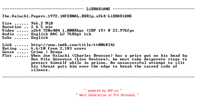 NFO for the release The.Valachi.Papers.1972.iNTERNAL.BDRip.x264-LiBRARiANS by LiBRARiANS