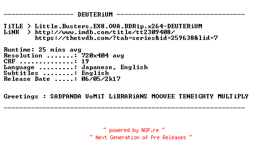 NFO for the release Little.Busters.EX8.OVA.BDRip.x264-DEUTERiUM by DEUTERiUM