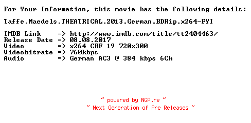 NFO for the release Taffe.Maedels.THEATRICAL.2013.German.BDRip.x264-FYI by FYI