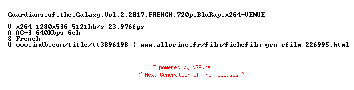 NFO for the release Guardians.of.the.Galaxy.Vol.2.2017.FRENCH.720p.BluRay.x264-VENUE by VENUE