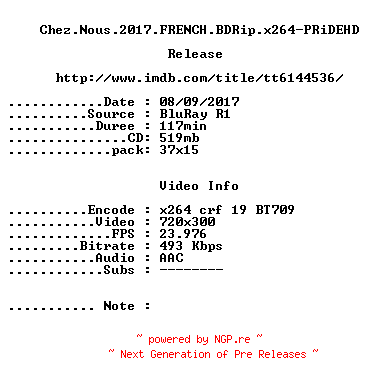 NFO for the release Chez.Nous.2017.FRENCH.BDRip.x264-PRiDEHD by PRiDEHD