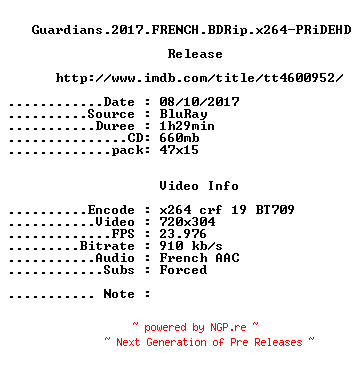 NFO for the release Guardians.2017.FRENCH.BDRip.x264-PRiDEHD by PRiDEHD