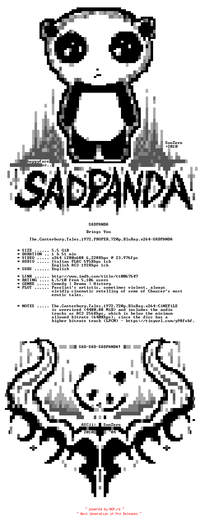 NFO for the release The.Canterbury.Tales.1972.PROPER.720p.BluRay.x264-SADPANDA by SADPANDA