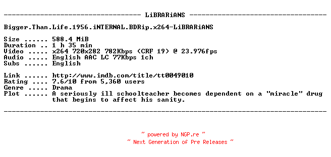 NFO for the release Bigger.Than.Life.1956.iNTERNAL.BDRip.x264-LiBRARiANS by LiBRARiANS